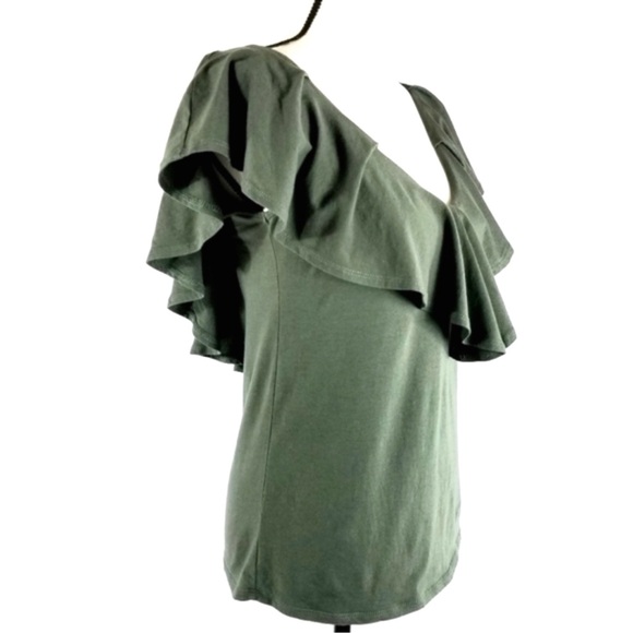 Eri + Ali Anthropologie Ruffle off Shoulder Olive Green Khaki Short Sleeve Top - Picture 3 of 12